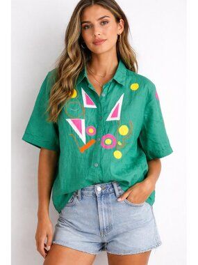 Vintage Andrea Collection 100% Linen Geometric  Patchowork Button down top XL